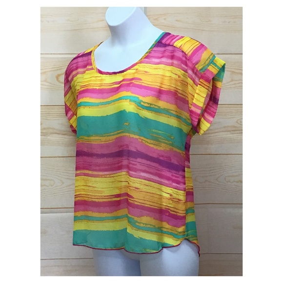 Women's Rainbow Color Striped Hi-Lo Hem Blouse Top - Picture 6 of 8